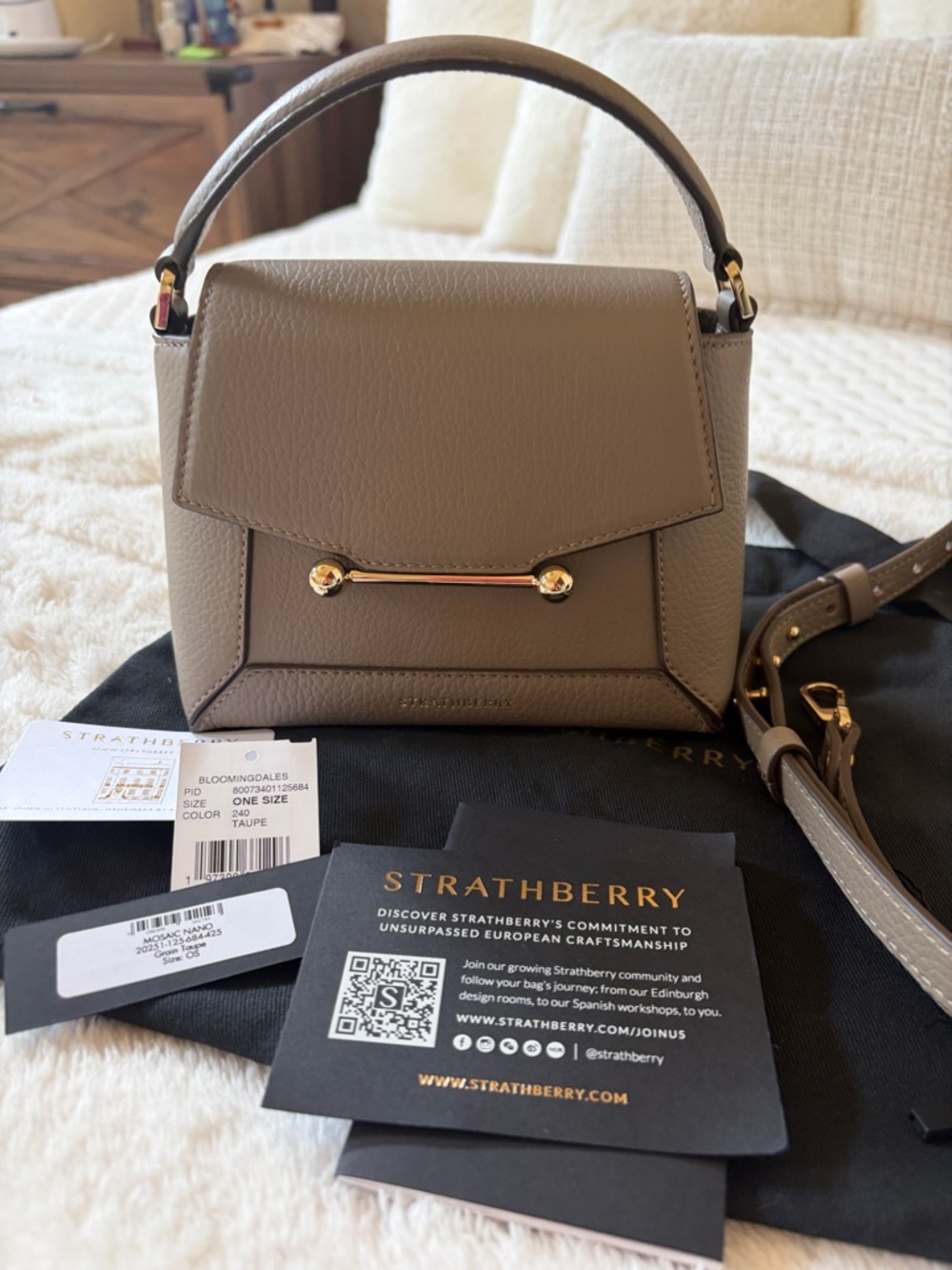 Strathberry Mosaic Nano Taupe in grain calf leather.